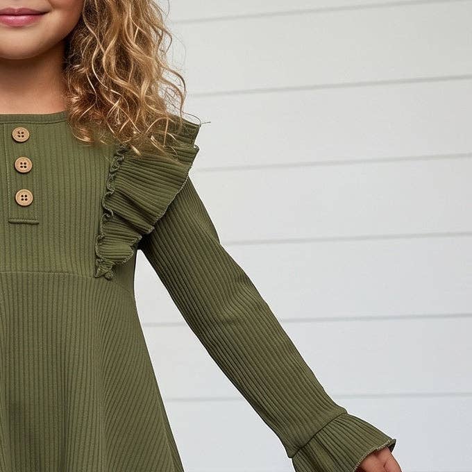 Kids Olive Green Ribbed Long Sleeve Ruffle Button Shirt