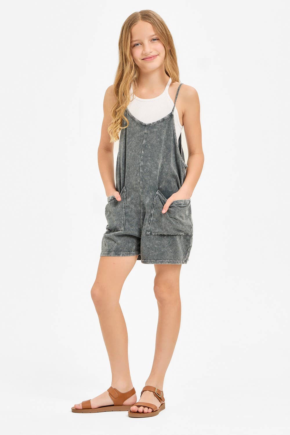 Two Pocket Mineral Wash Overall Romper / Onesie