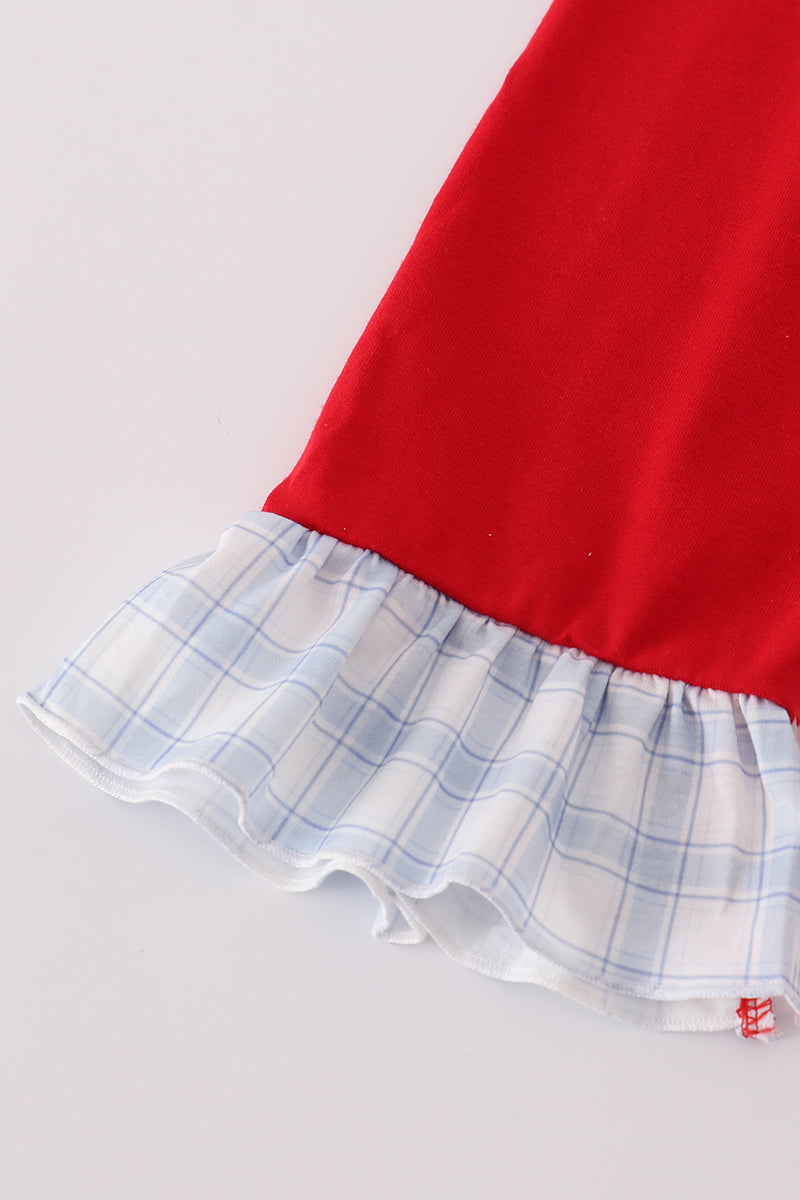 Blue farm embroidery plaid ruffle Pants Set