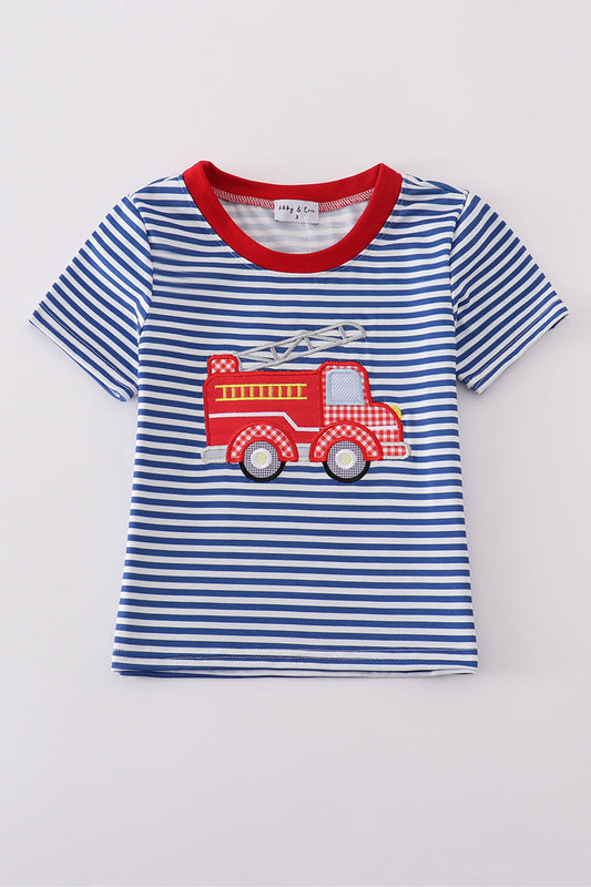 Blue Stripe Fire Truck Applique Top