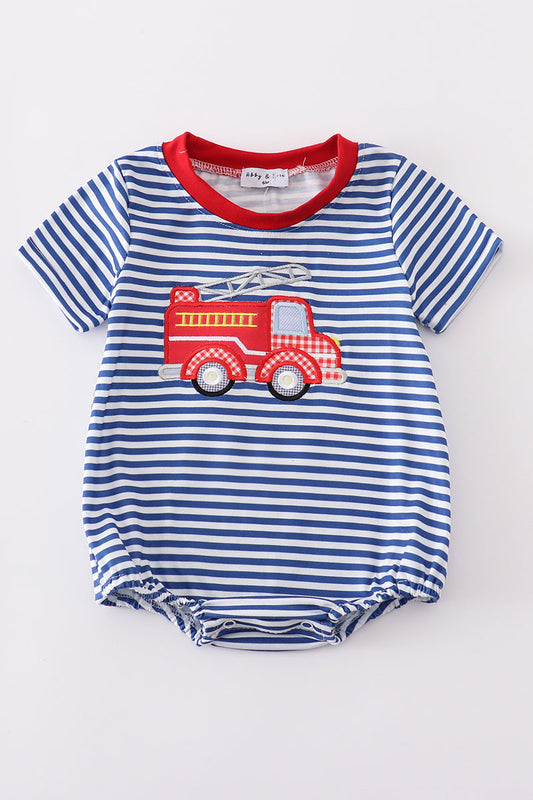 Blue Stripe Fire Truck Applique Bubble