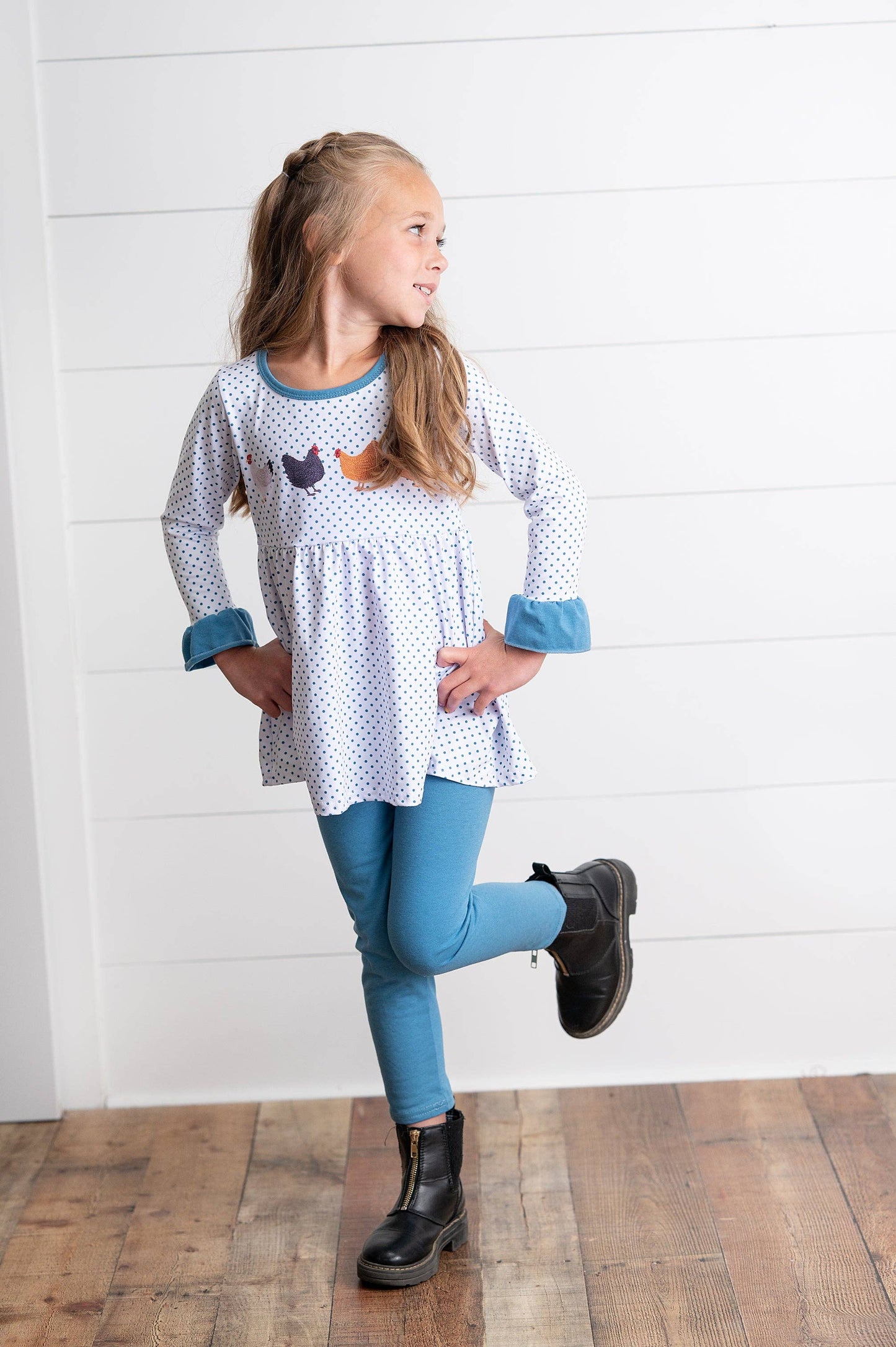 Blue Polka Dot & Chicken Pant Set