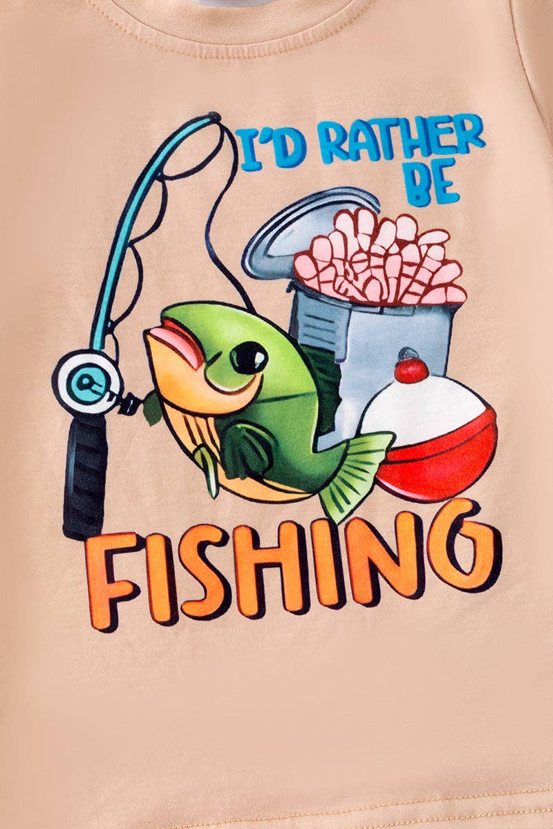 "I'd rather be fishing" Cream tee-shirt and blue fish printed shorts. OFB50112 SOL