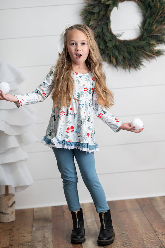 Snowman Lace Ruffle Pant Set
