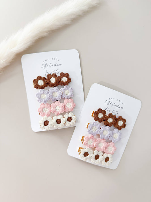 Brown Knit Flower Hair Clips- Set of 4