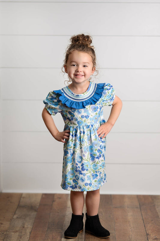 Girls Blue Vintage Floral Embroidered Ruffle Dress