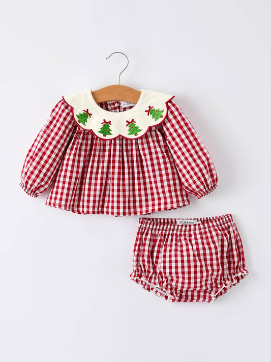 Christmas Tree Gingham Bloomers Set