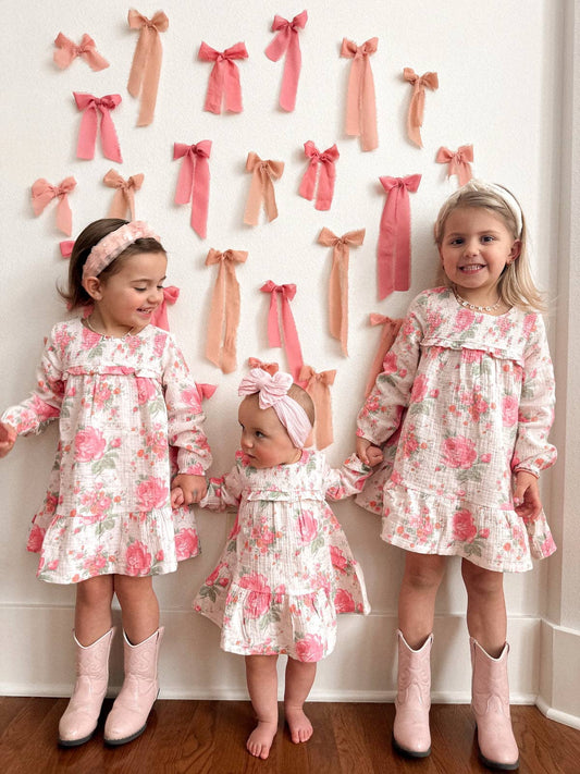 Pink Roses Smocked Ruffle Dress