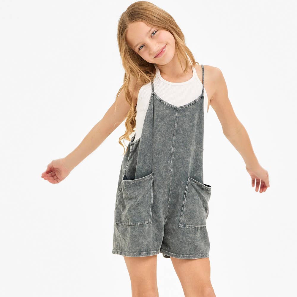 Two Pocket Mineral Wash Overall Romper / Onesie