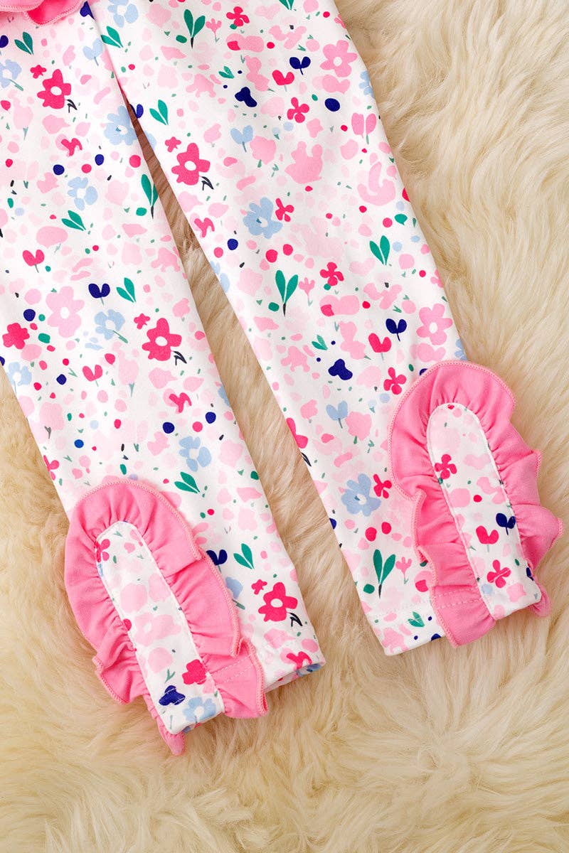 Pink ruffle tunic with choo choo appliqué & floral leggings. OFG60027 AMY