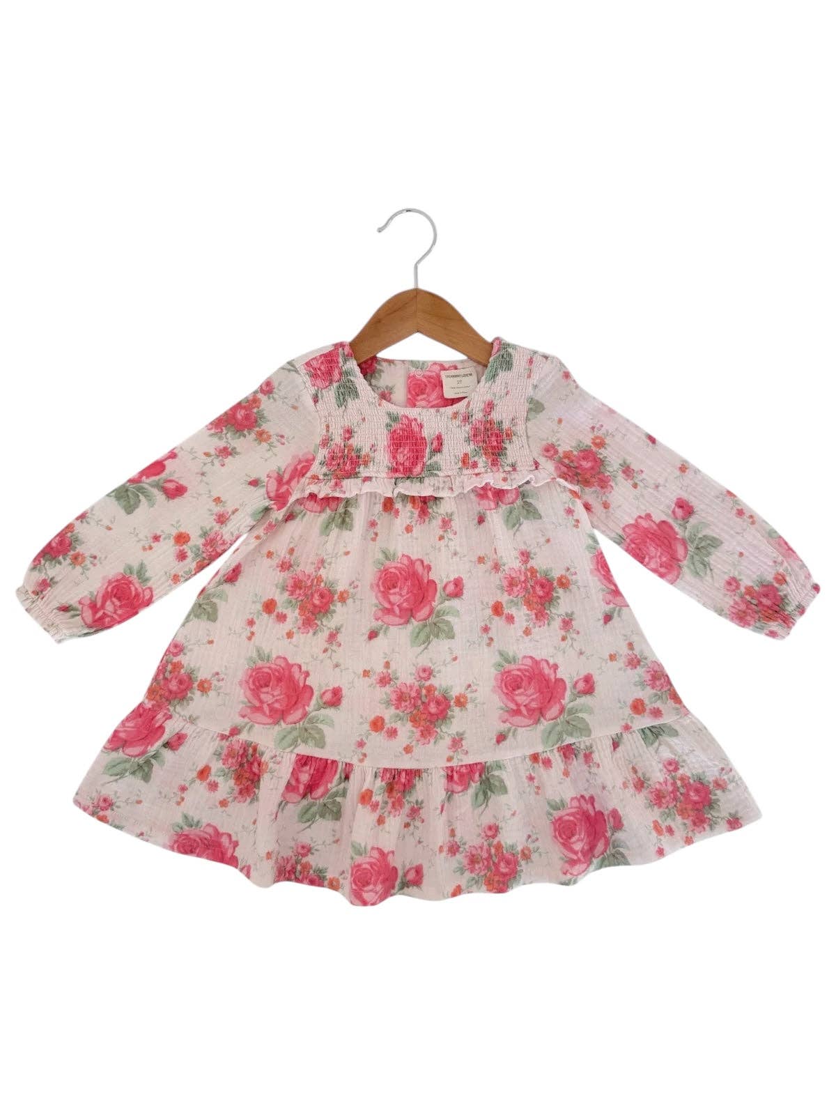 Pink Roses Smocked Ruffle Dress