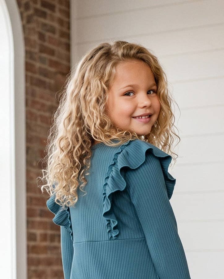 Kids Dark Teal Blue Ribbed Long Sleeve Button Ruffle Shirt