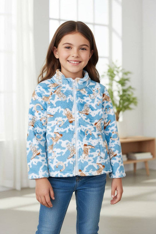 Soft fleece western printed zip up jacket