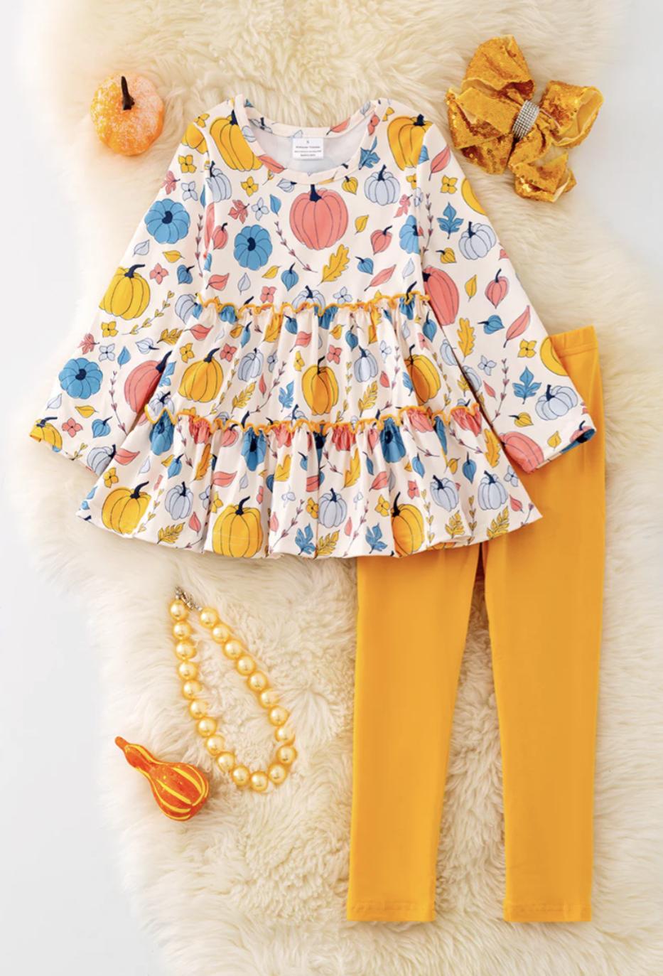 Pumpkin Printed Ruffle Tunic & Mustard Leggings