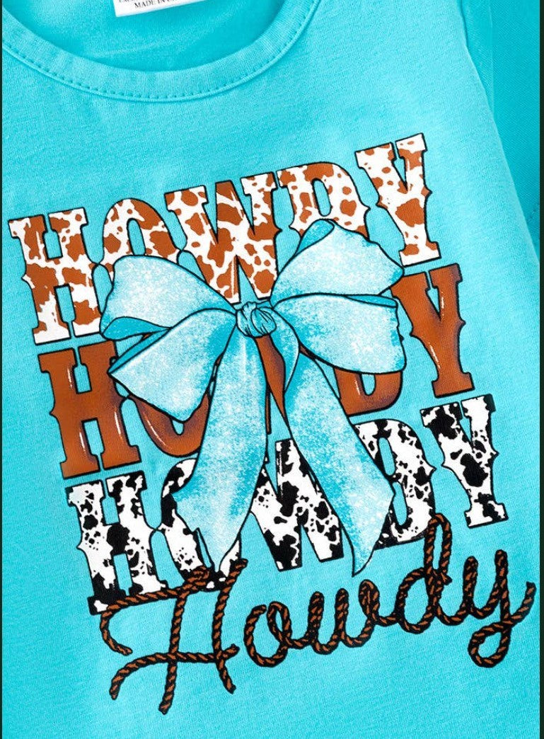 Howdy turquoise tee & bow bell pants.