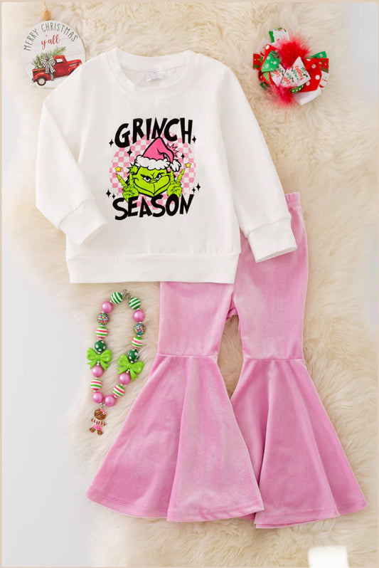 Grinch Season Sweatshirt & Pink Velvety Flared Bottoms