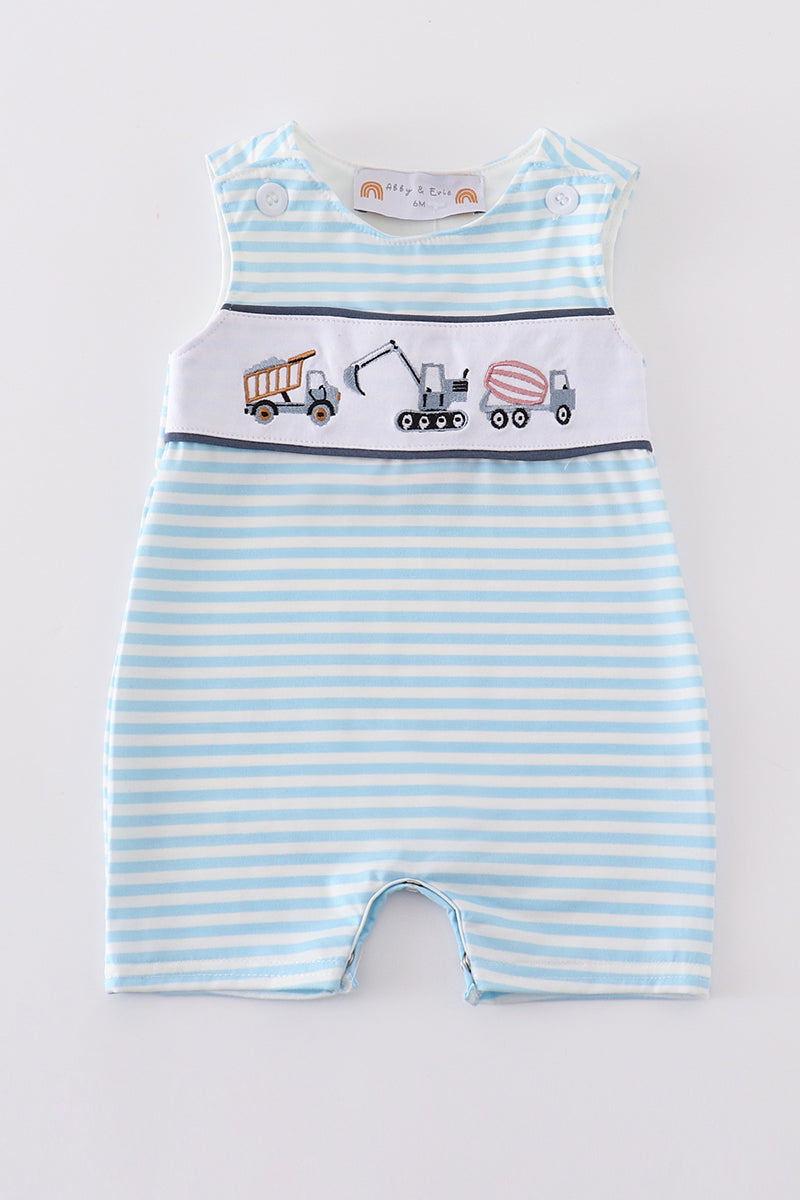 Blue Stripe Tractor Embroidery Boy Jonjon