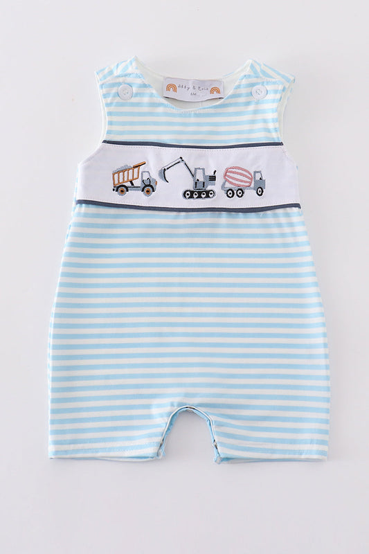 Blue Stripe Tractor Embroidery Boy Jonjon