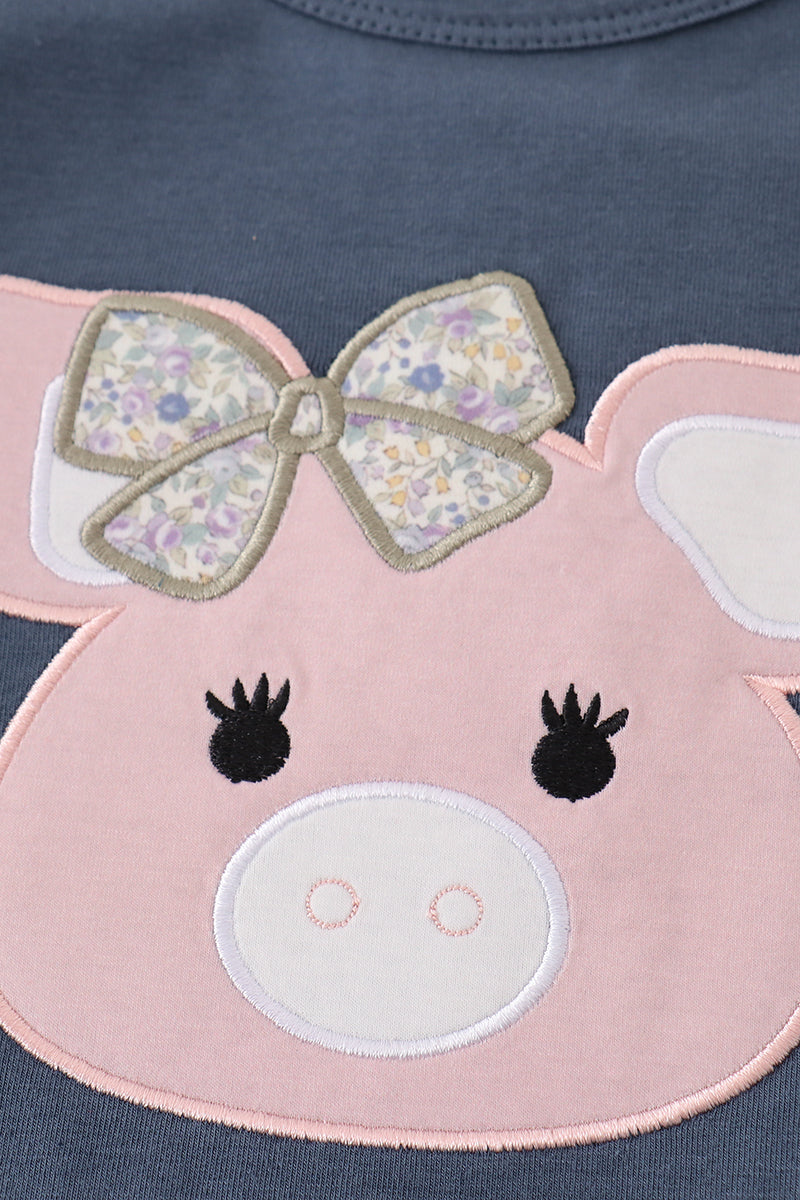 Pig Floral Print Applique Girl Set