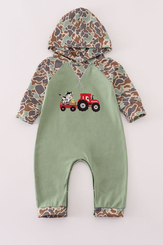 Green camouflage cow tractor applique romper