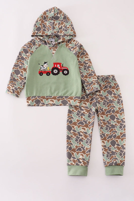Green camouflage cow tractor applique pants set