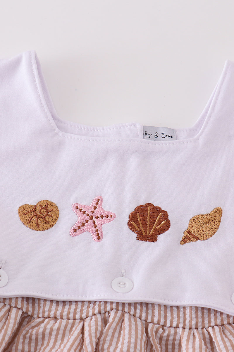 Brown Seersucker Starfish Shell Embroidery Girl Dress