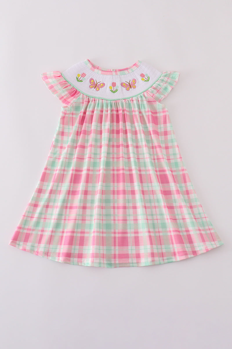 Pink Floral Butterfly Embroidery Smocked Plaid Dress