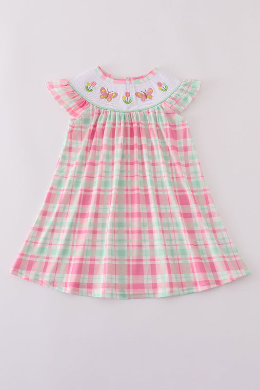 Pink Floral Butterfly Embroidery Smocked Plaid Dress