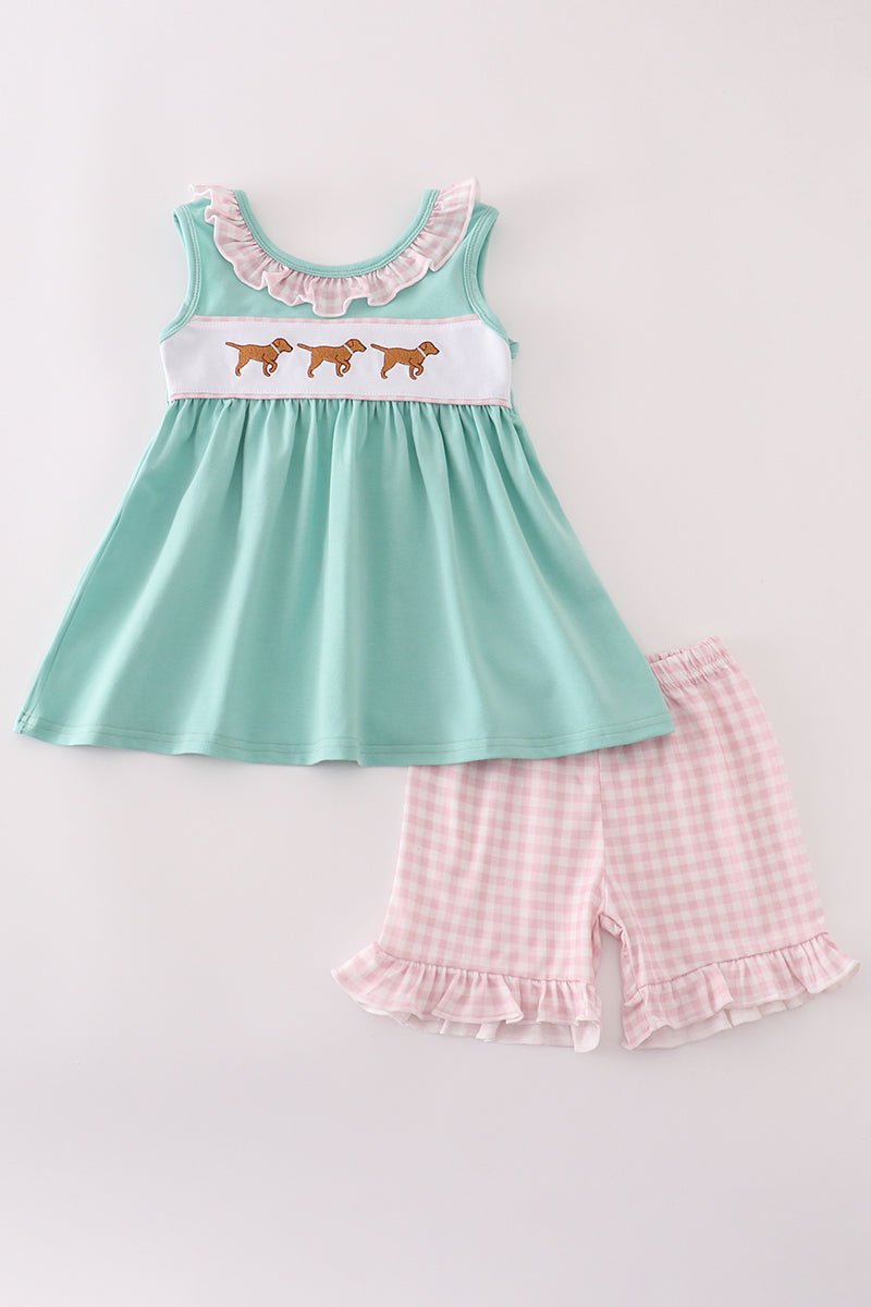 Mint Hunting Puppy Embroidery Ruffle Shorts Set