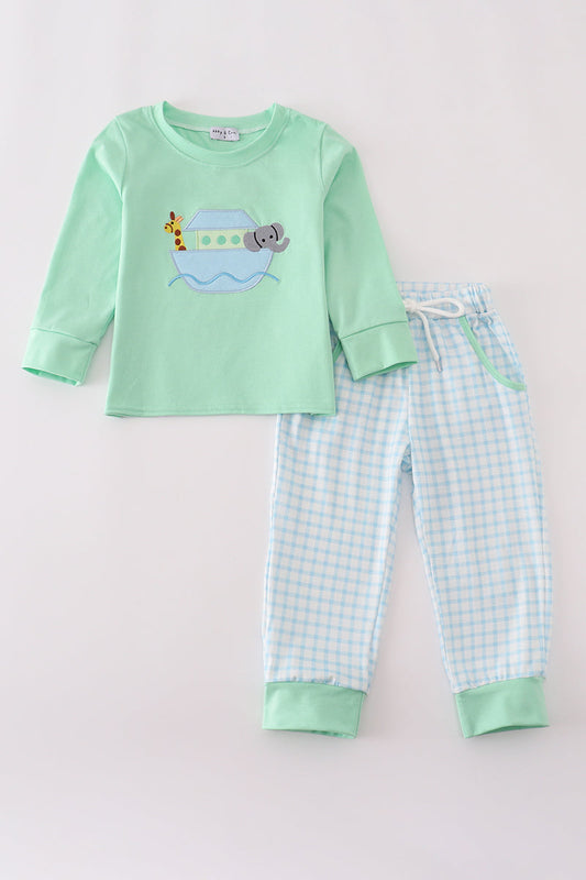 Green Noah's Ark  Applique Ruffle Pants Set
