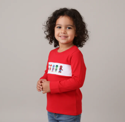 Red character embroidery top