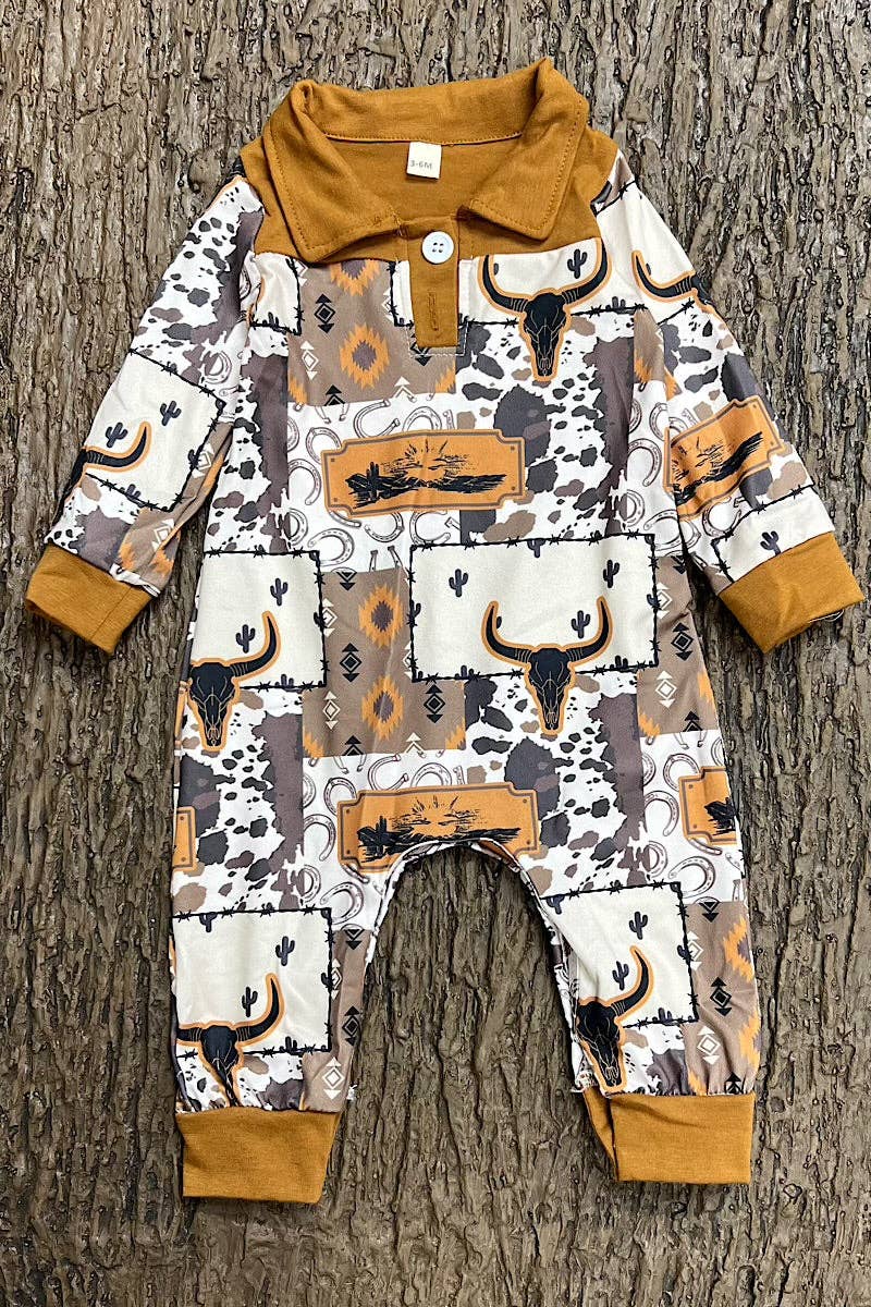 Golden brown western printed romper with patches.