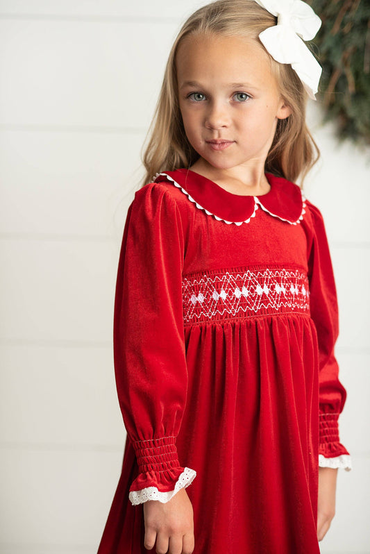Red Velvet Smocked Lace Dress