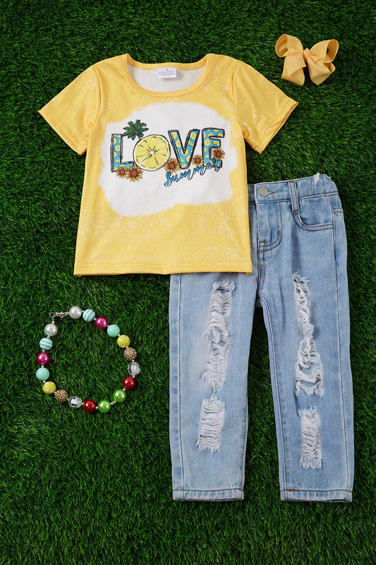 LOVE SUMMER" BRIGHT YELLOW BLEACHED TEE-SHIRT.