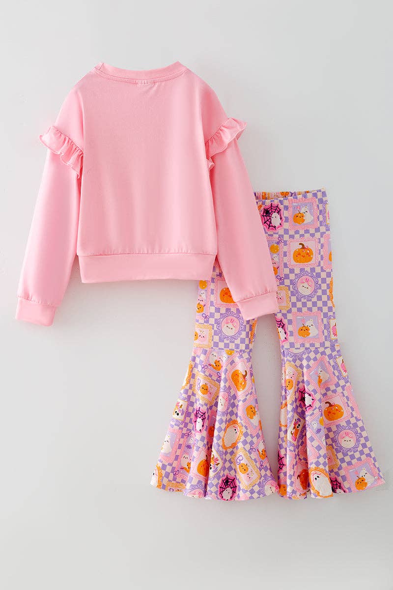 Boo" Pink Sweatshirt with checkered bell bottoms.