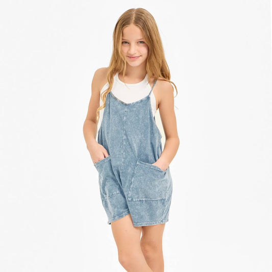 Two Pocket Mineral Wash Overall Romper / Onesie