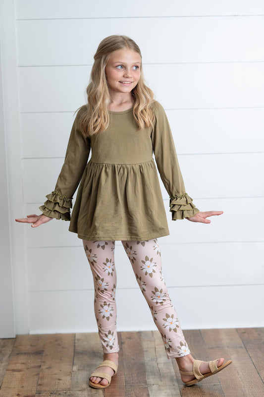 Sage Green 3 Ruffles Shirt & Floral Leggings Set