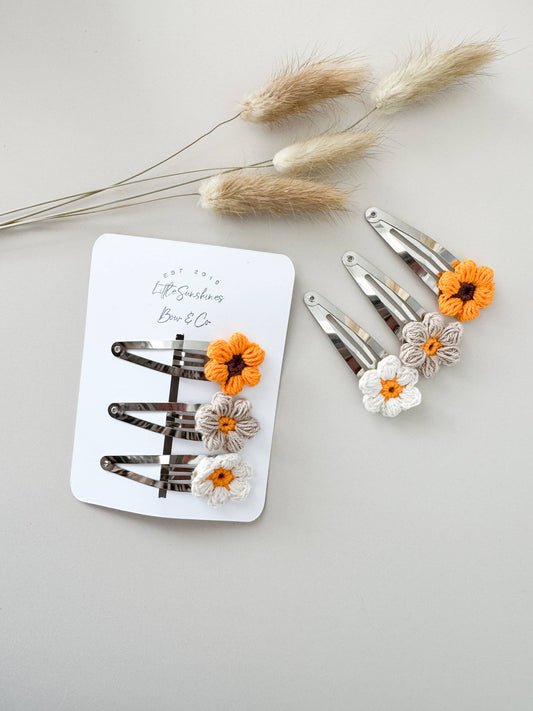 Crochet Flower Snap Hair Clips- Set of 3