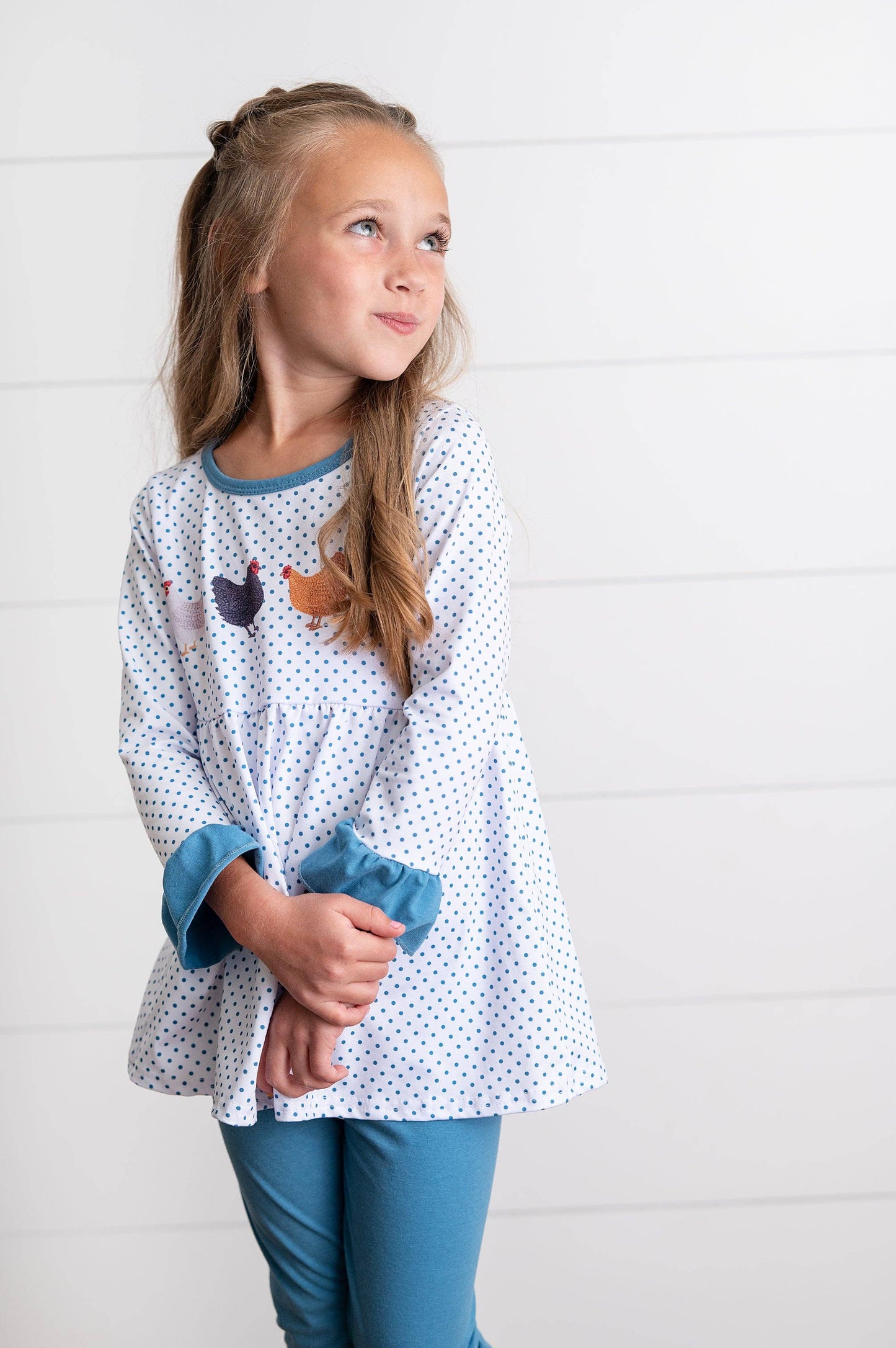 Blue Polka Dot & Chicken Pant Set