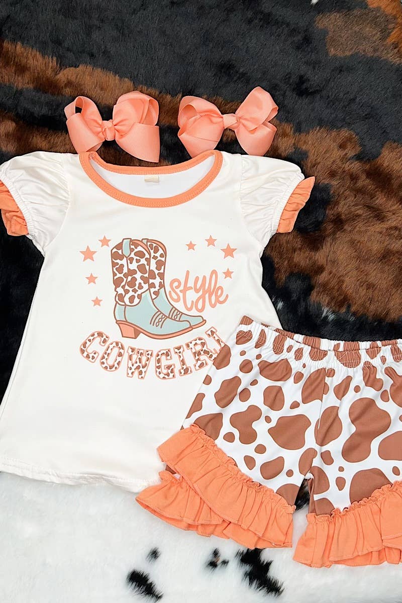 COWGIRL TOP W/ COW PRINT SHORTS.