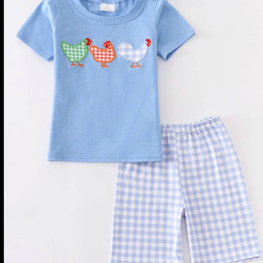 Blue Chicken Embroidery Plaid Boy Set