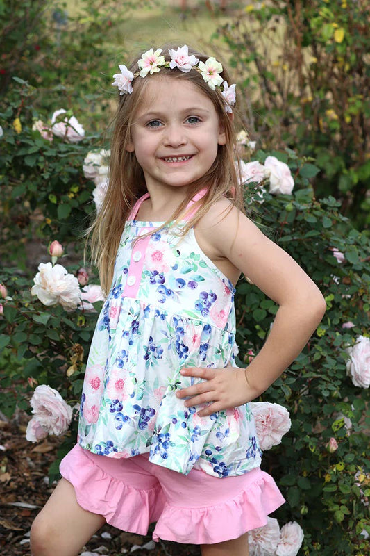 FLORAL HALTER TUNIC W/PINK RUFFLE SHORTS.