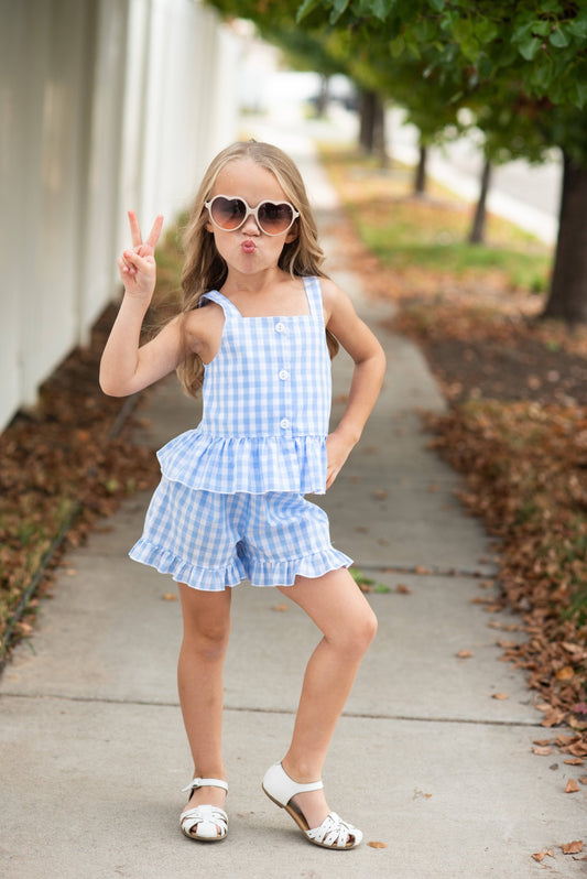 Blue Check Gingham Ruffle Button Spring Short Set