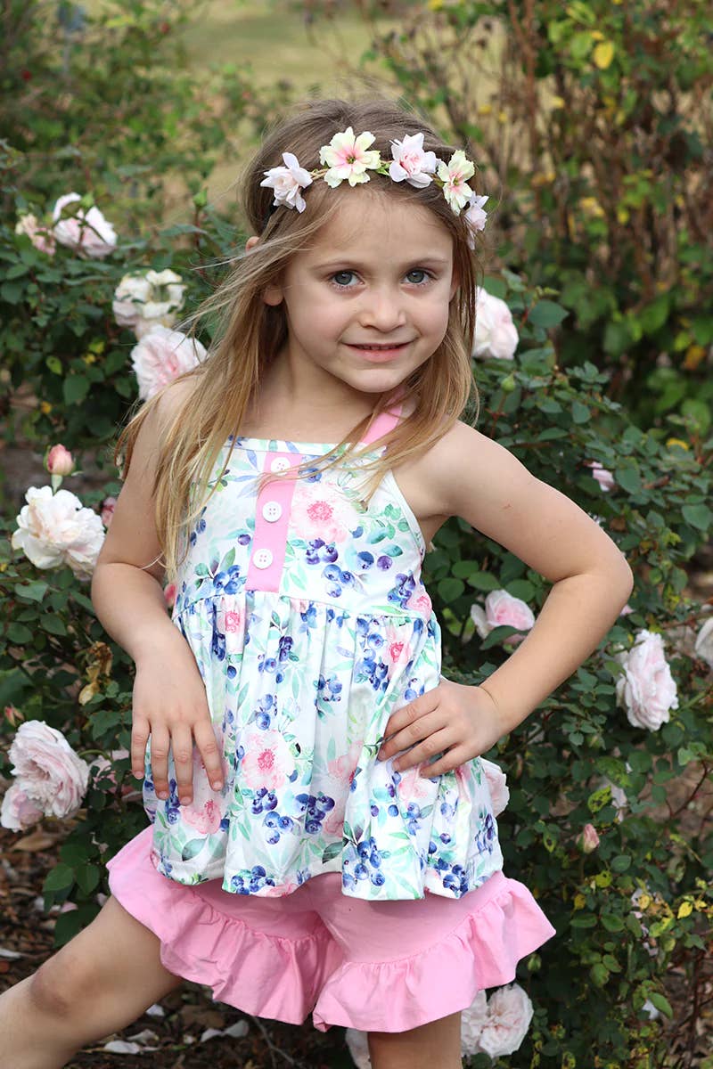 FLORAL HALTER TUNIC W/PINK RUFFLE SHORTS.