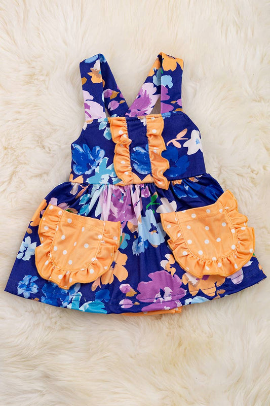 ROYAL BLUE FLORAL PRINTED BABY ONESIE/DRESS.