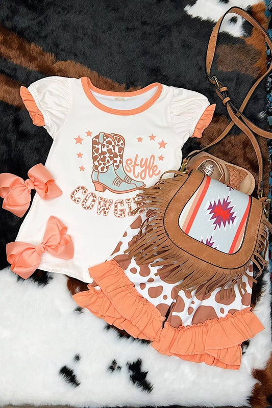 STYLE COWGIRL" PRINTED TOP W/ MATCHING SHORTS.