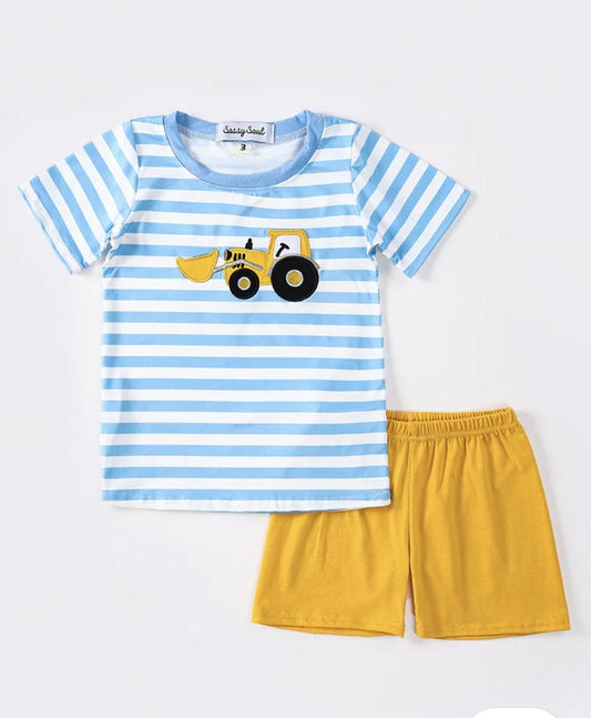 Blue Stripe Tractor Applique Boy Set