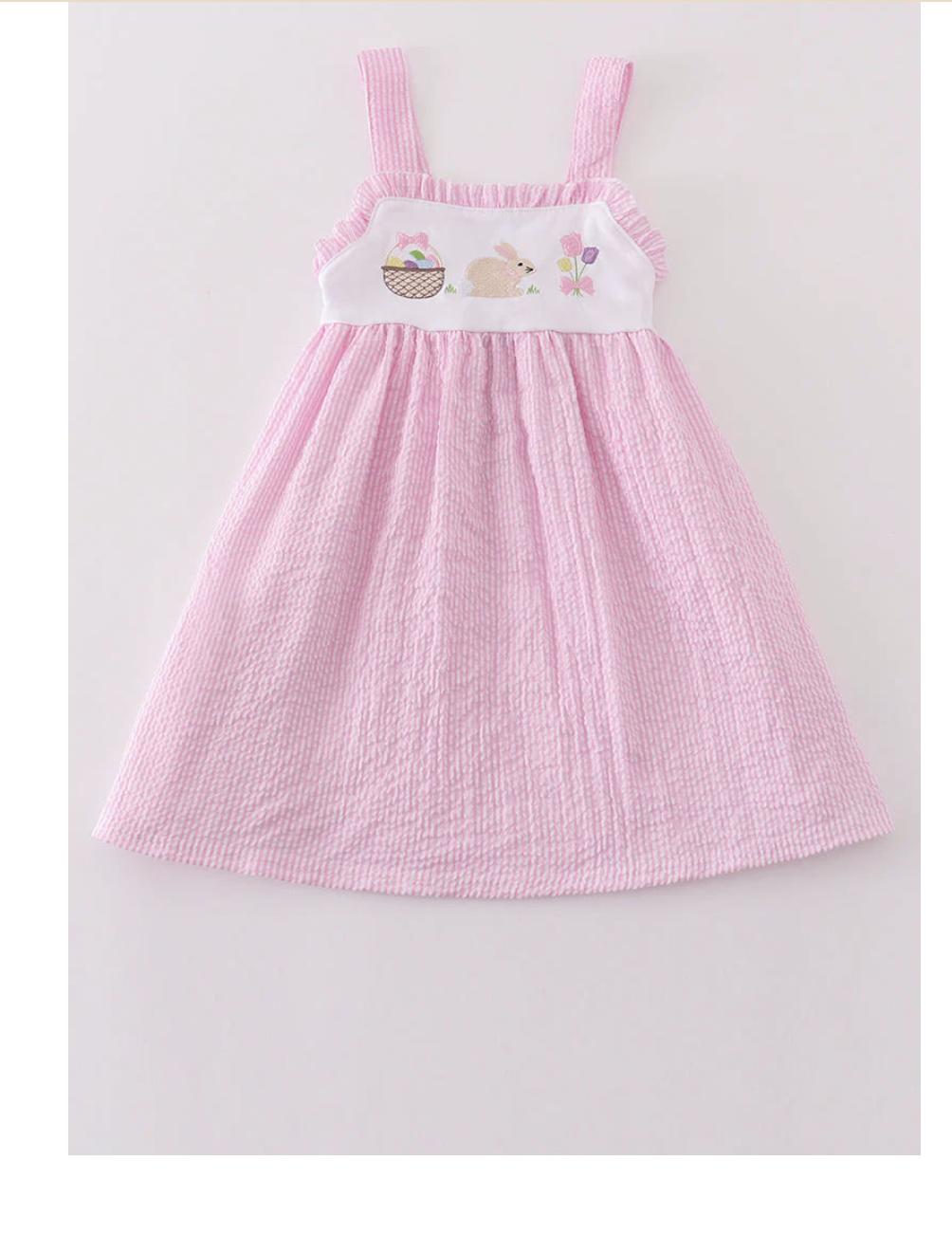 Pink Seersucker Bunny Floral Embroidery Dress