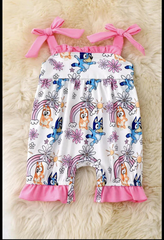 Blue* printed Girls Romper W/Rufflehem