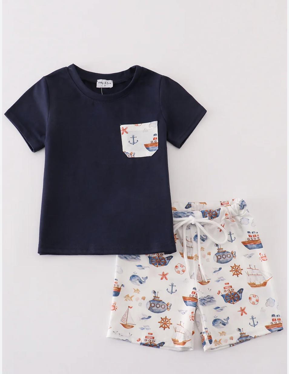 Navy Beach Print Boy Set